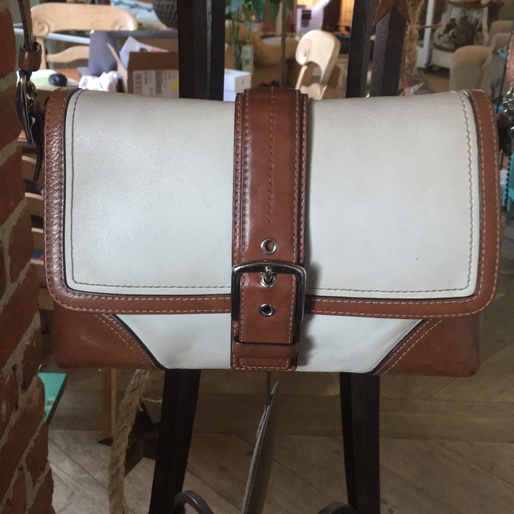 Coach leather handbag. White and tan.